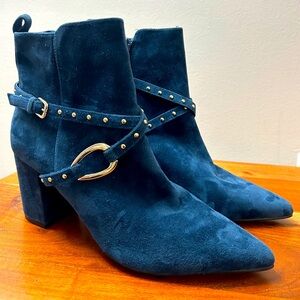 White House Black Market Makayla Blue Suede Studded Strap Booties Womens Sz 7M